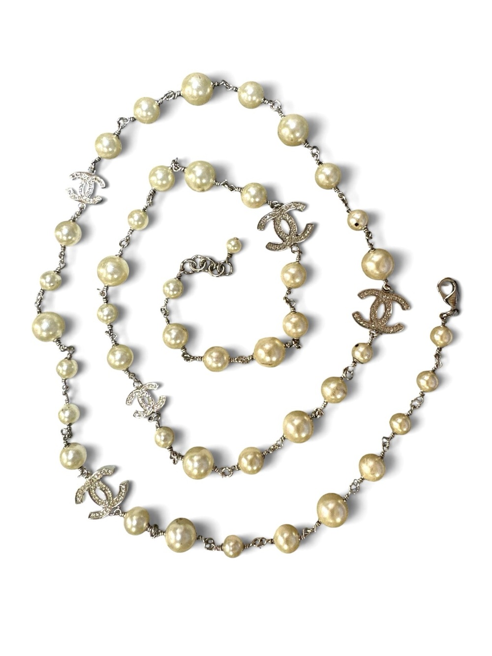 Chanel Faux Pearl Crystal CC Long Necklace 40”